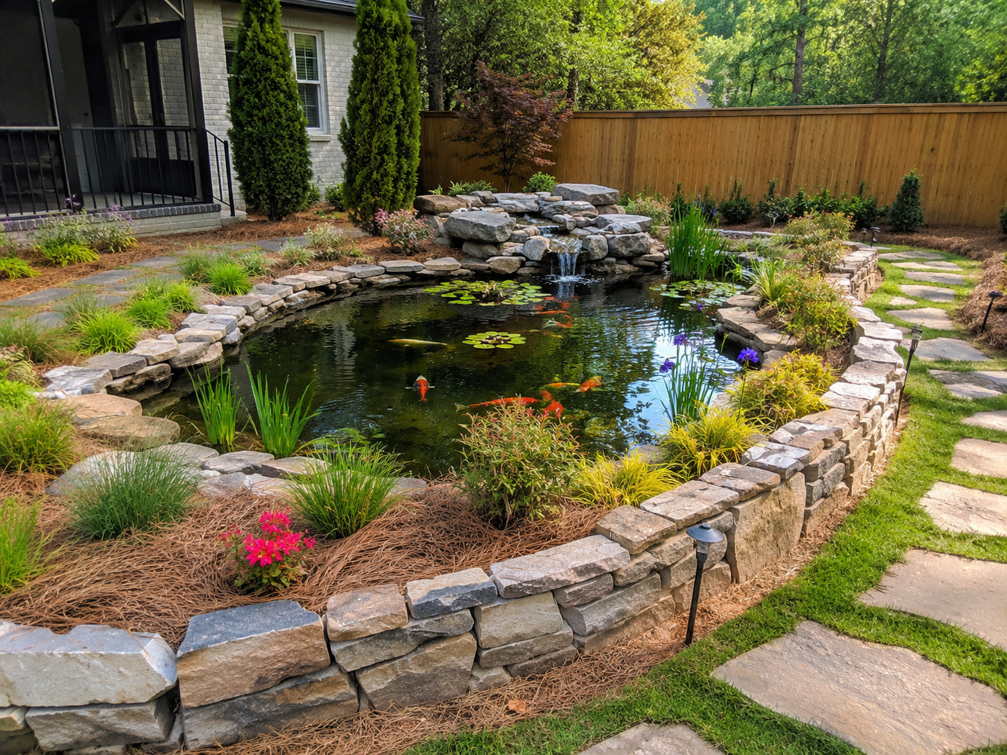 Backyard koi pond landscape with stacked fieldstone border, waterfall, pine straw, stepping stone path, and layered plantings