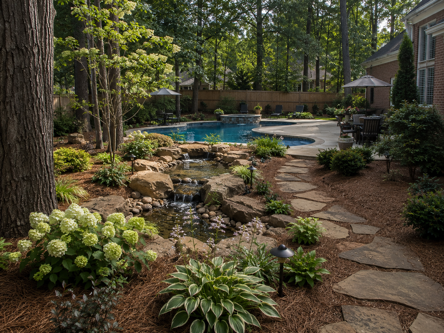 Backyard landscape with curved lawn, pine straw planting beds, brick home, fence, trees, and landscape lighting
