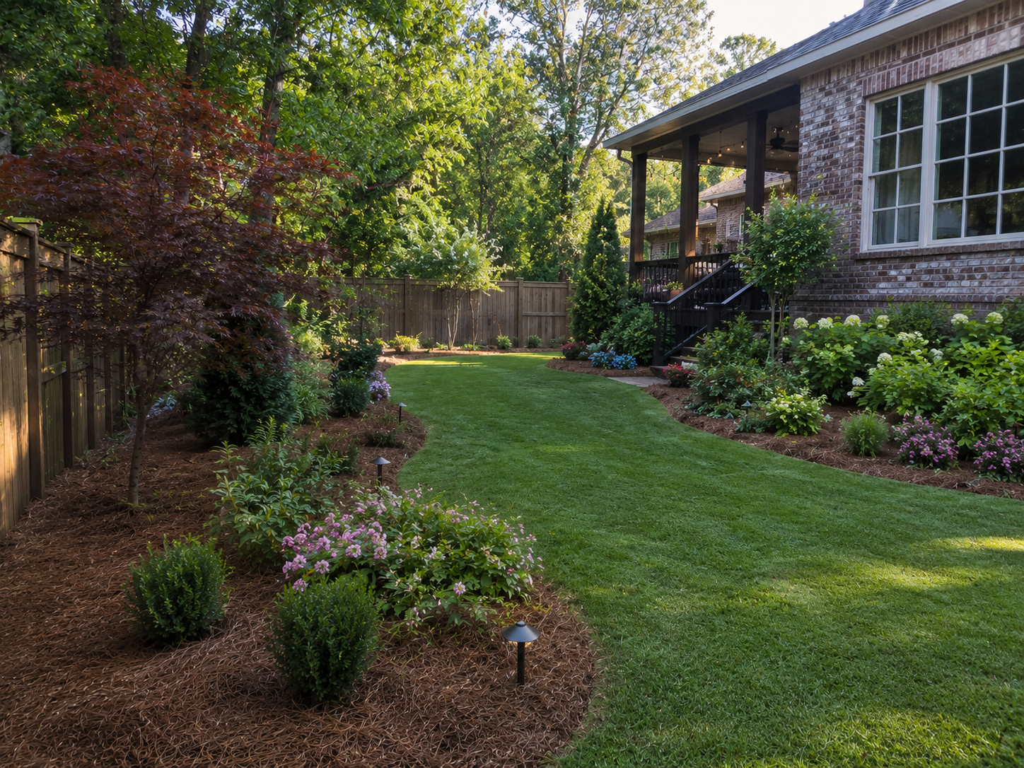 Backyard pool landscape with stone pool wall, fire pit seating, stepping stone path, landscape lighting, and layered plantings