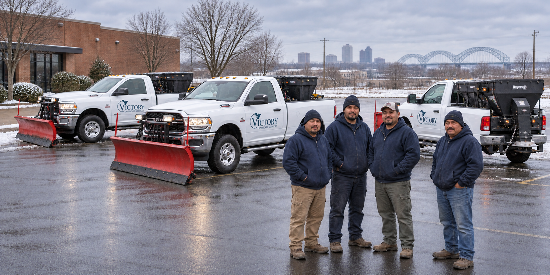 Crew in navy workwear beside three Victory-branded trucks equipped with snowplows and salt spreaders