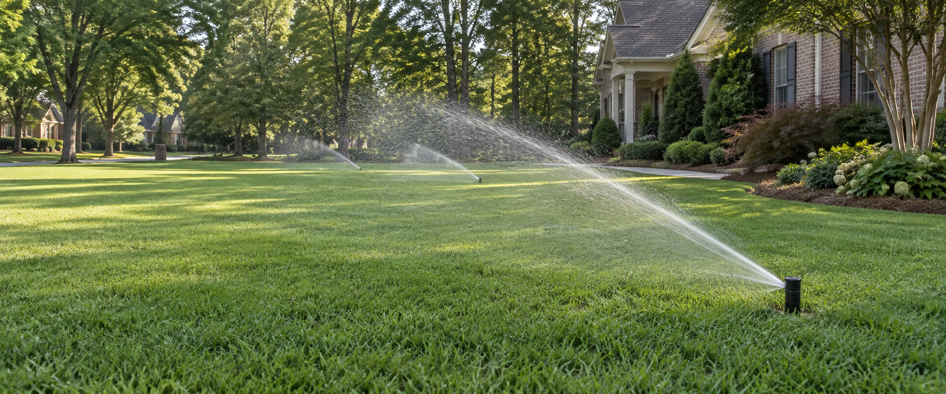 Lawn sprinklers watering a landscaped residential yard.
