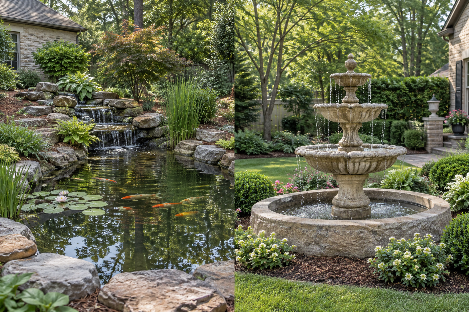 Side-by-side views of a koi pond with a rock waterfall and a tiered stone garden fountain.