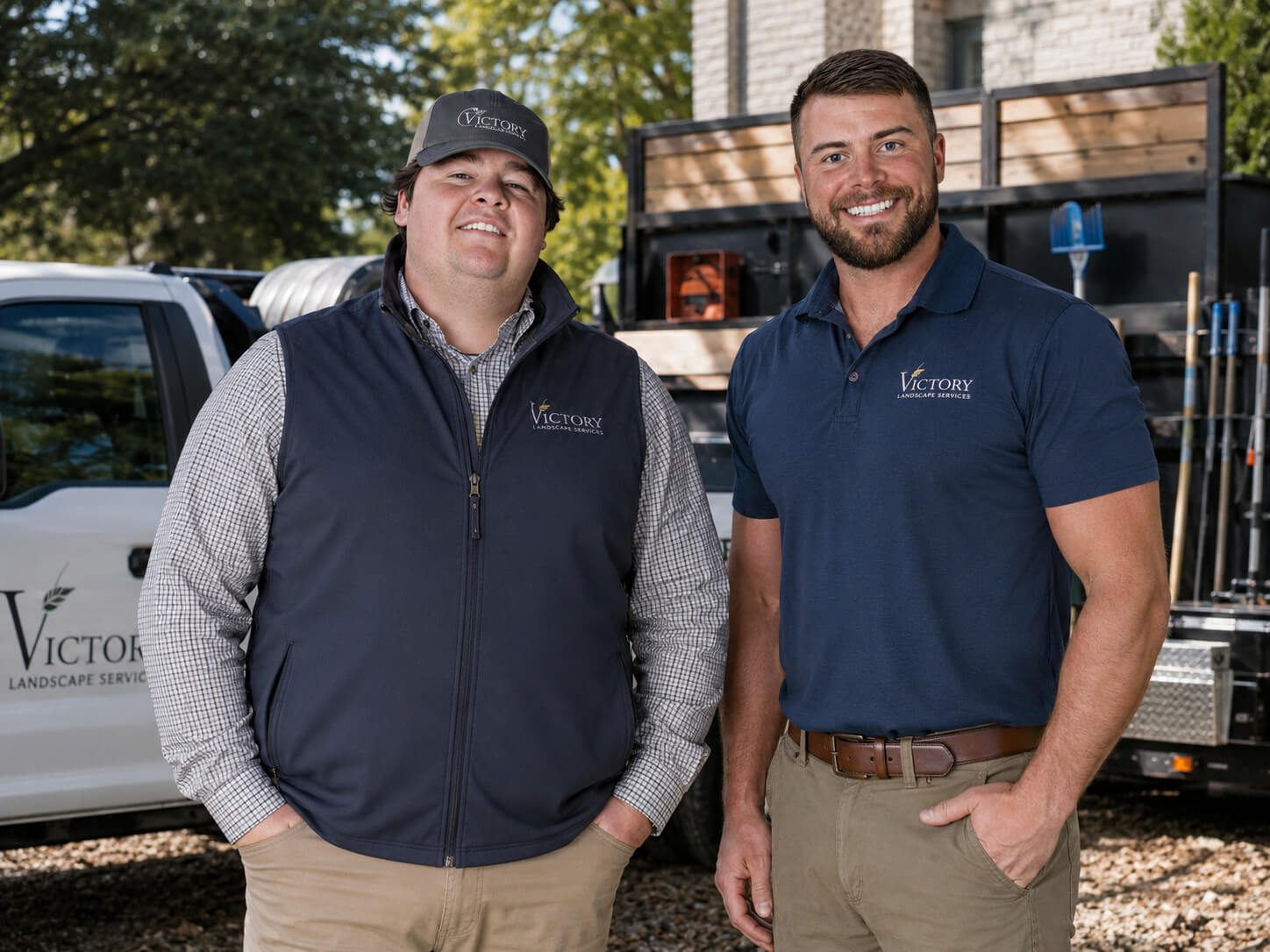 Landscape-professionals- Victory Landscape Services team members standing in front of a work truck and landscape trailer in Memphis