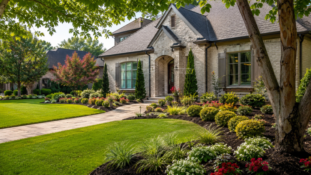 Front yard landscape renovation with manicured lawn, fresh mulch, shrubs, flowers, and a clean entry walkway