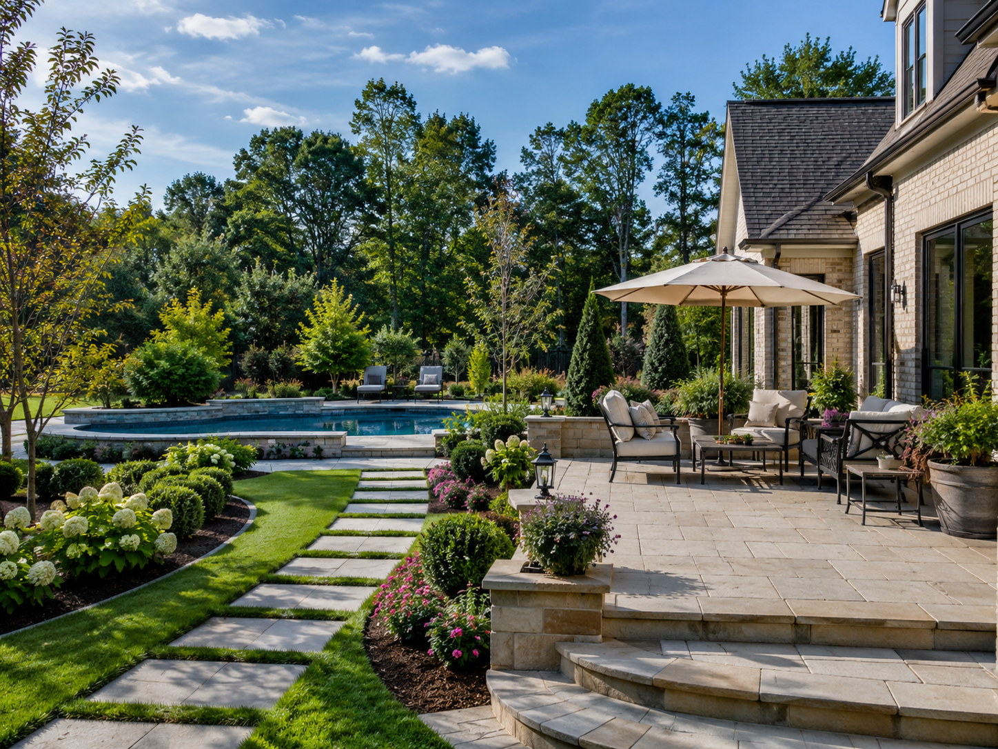 Cohesive landscape design in Memphis with patio, pool, stepping stones, lawn, planting beds, and outdoor seating.
