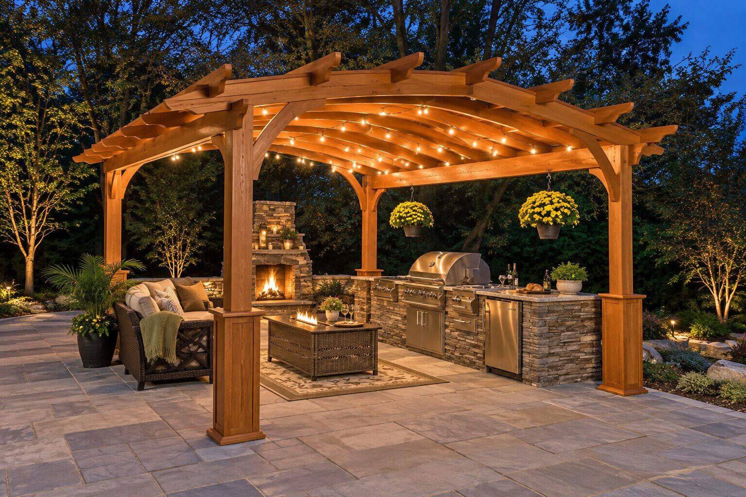 Stone outdoor kitchen with a stainless steel grill beneath a cedar pergola with string lights and patio seating.