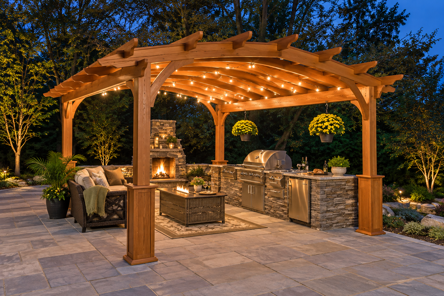 Stone outdoor kitchen with a stainless steel grill beneath a cedar pergola with string lights and patio seating.