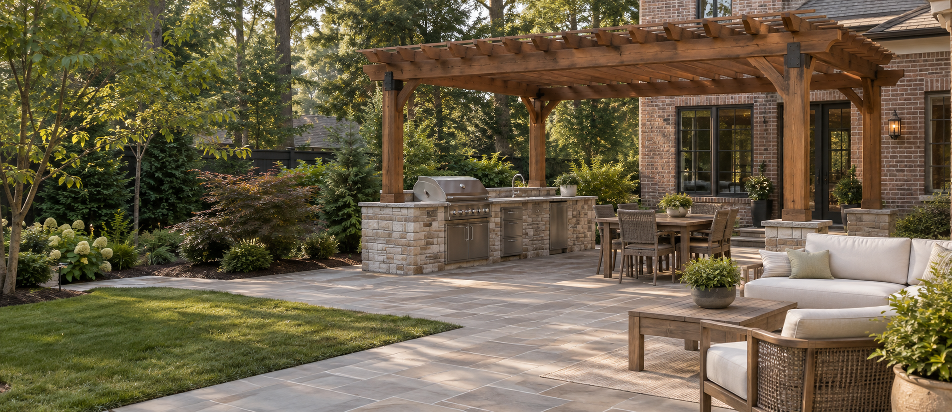 Stone patio with a timber pergola, built-in outdoor kitchen, dining table, and lounge seating beside a brick home.