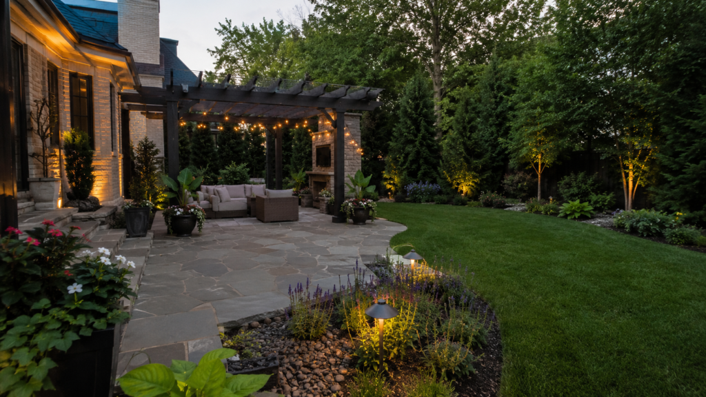 Backyard outdoor living space with patio, pergola, landscape lighting, seating area, and manicured lawn