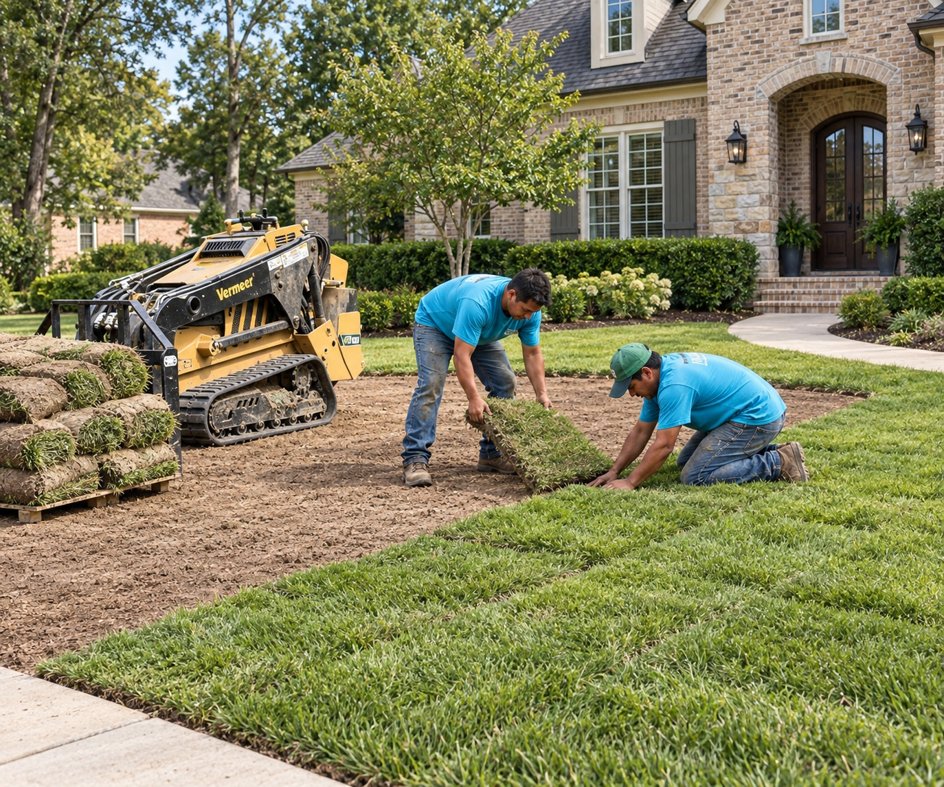Two landscape workers laying fresh sod beside a compact loader in front of a brick home.