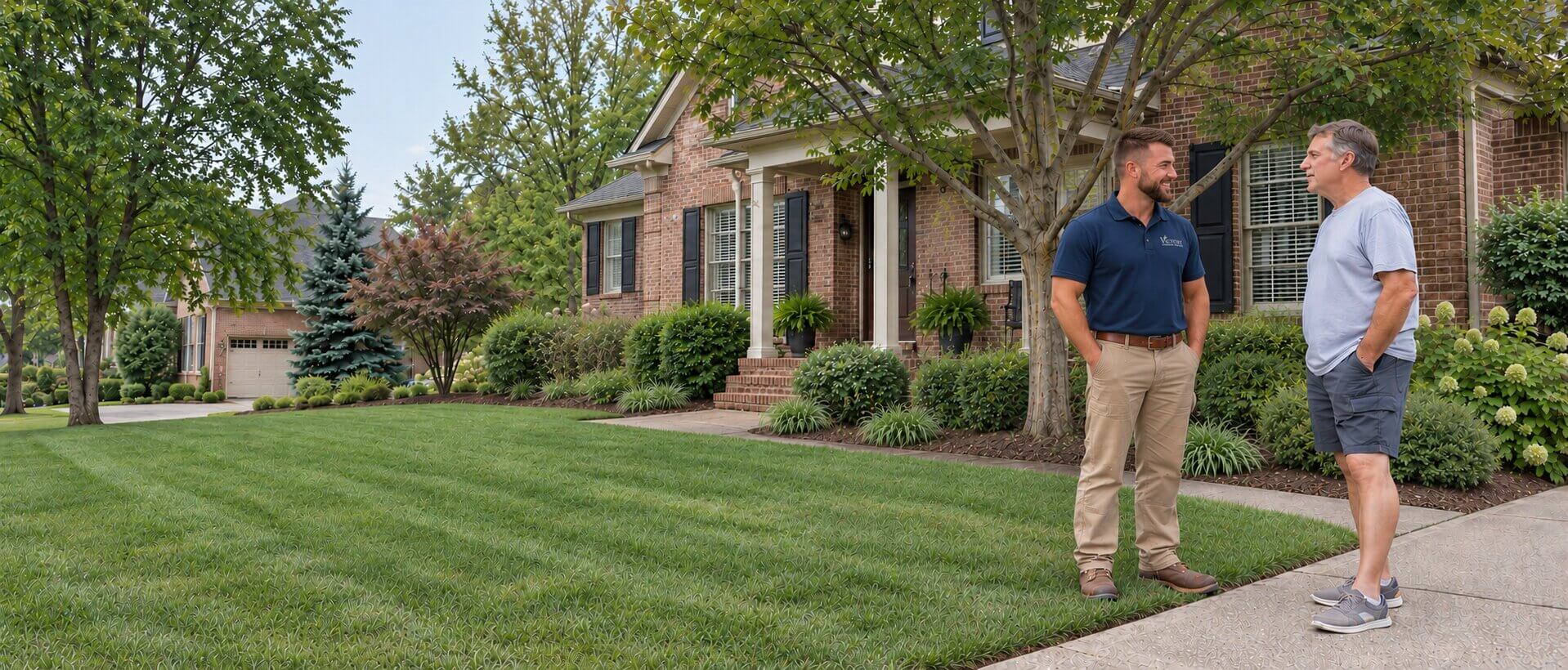 Lawn care professional talking with a homeowner beside a maintained front lawn.