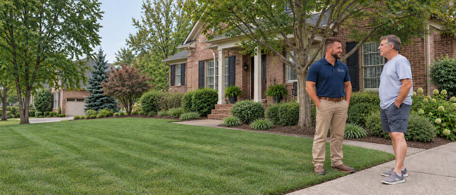 Lawn care professional talking with a homeowner beside a maintained front lawn.