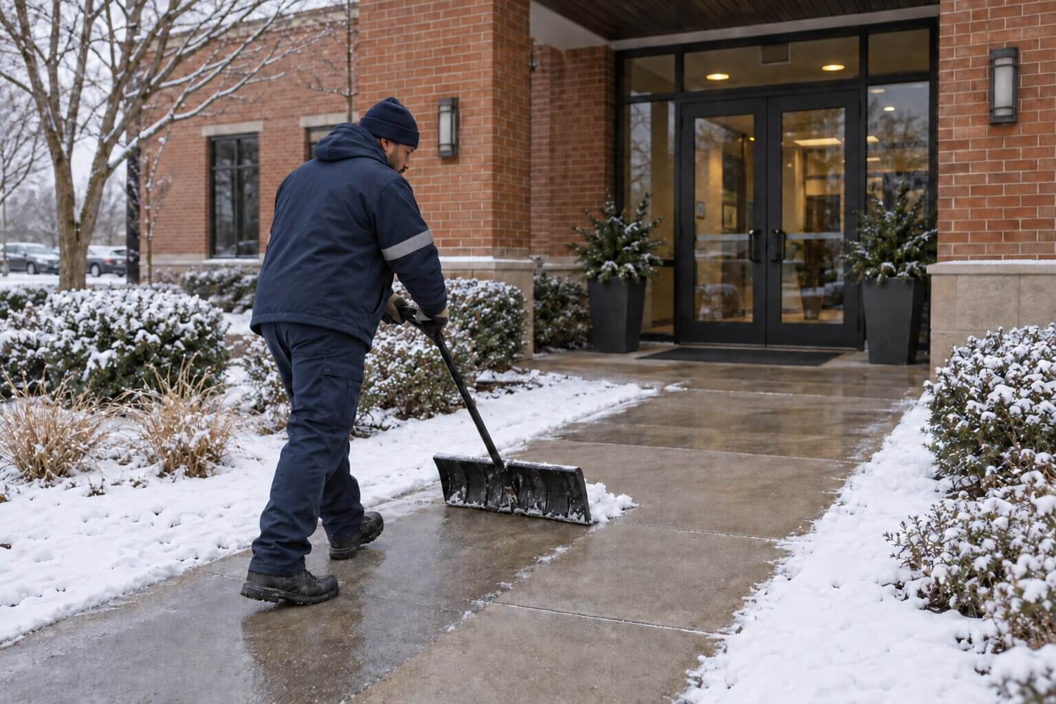 Worker shoveling snow from a sidewalk leading to a commercial building entrance