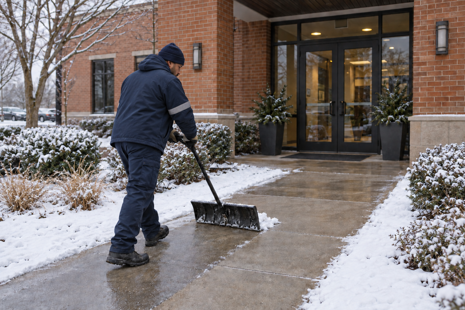 Worker shoveling snow from a sidewalk leading to a commercial building entrance