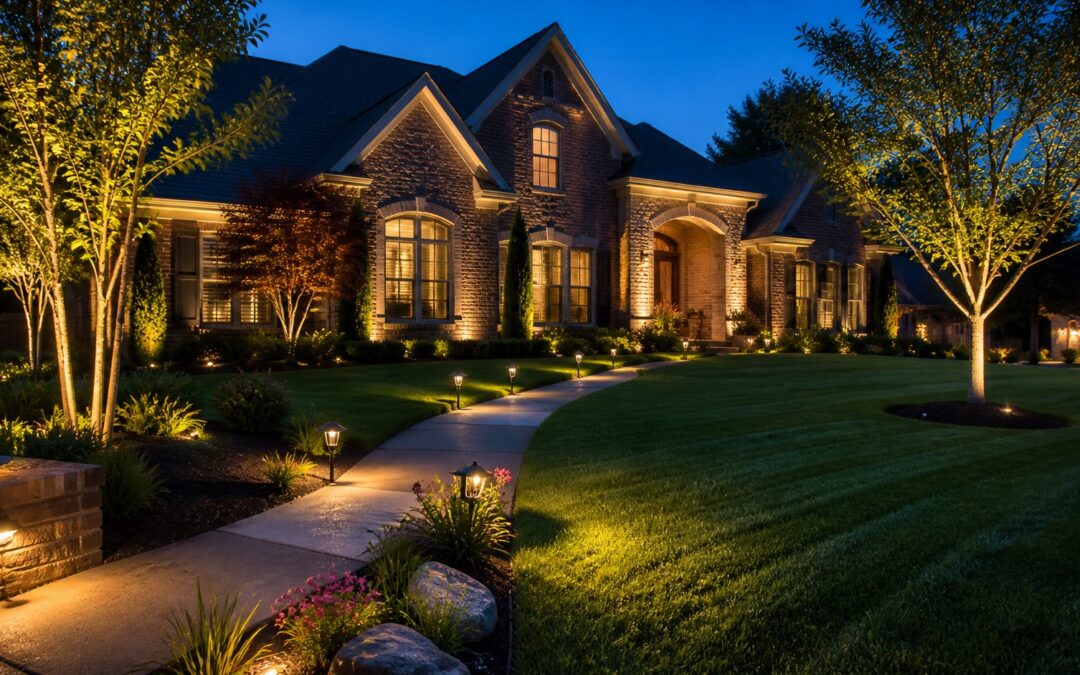 Landscape lighting for a Memphis lawn with warm path lights, tree uplighting, and illuminated front yard landscaping