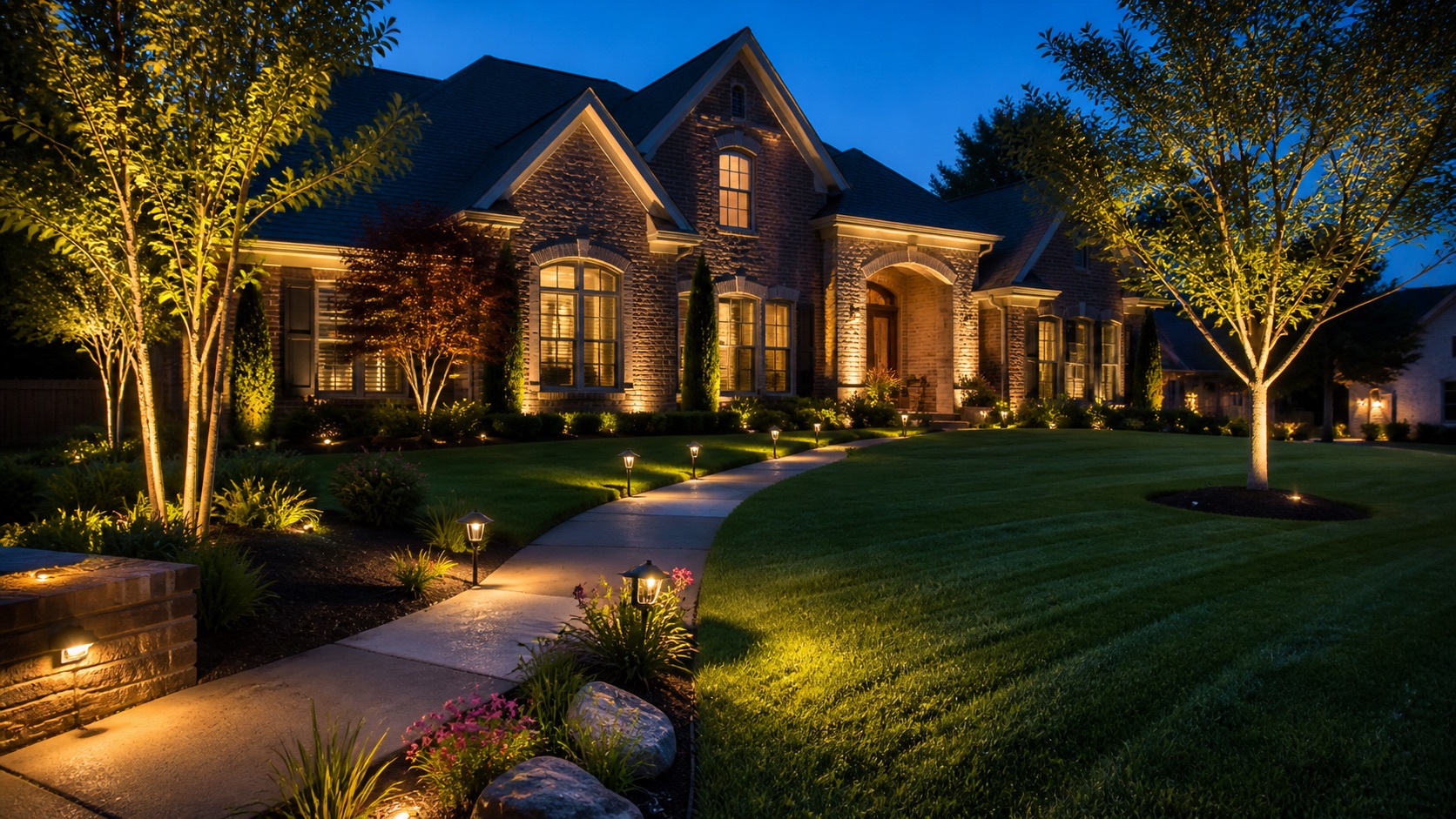 Professional landscape lighting illuminating trees and lawn at a Memphis residential property