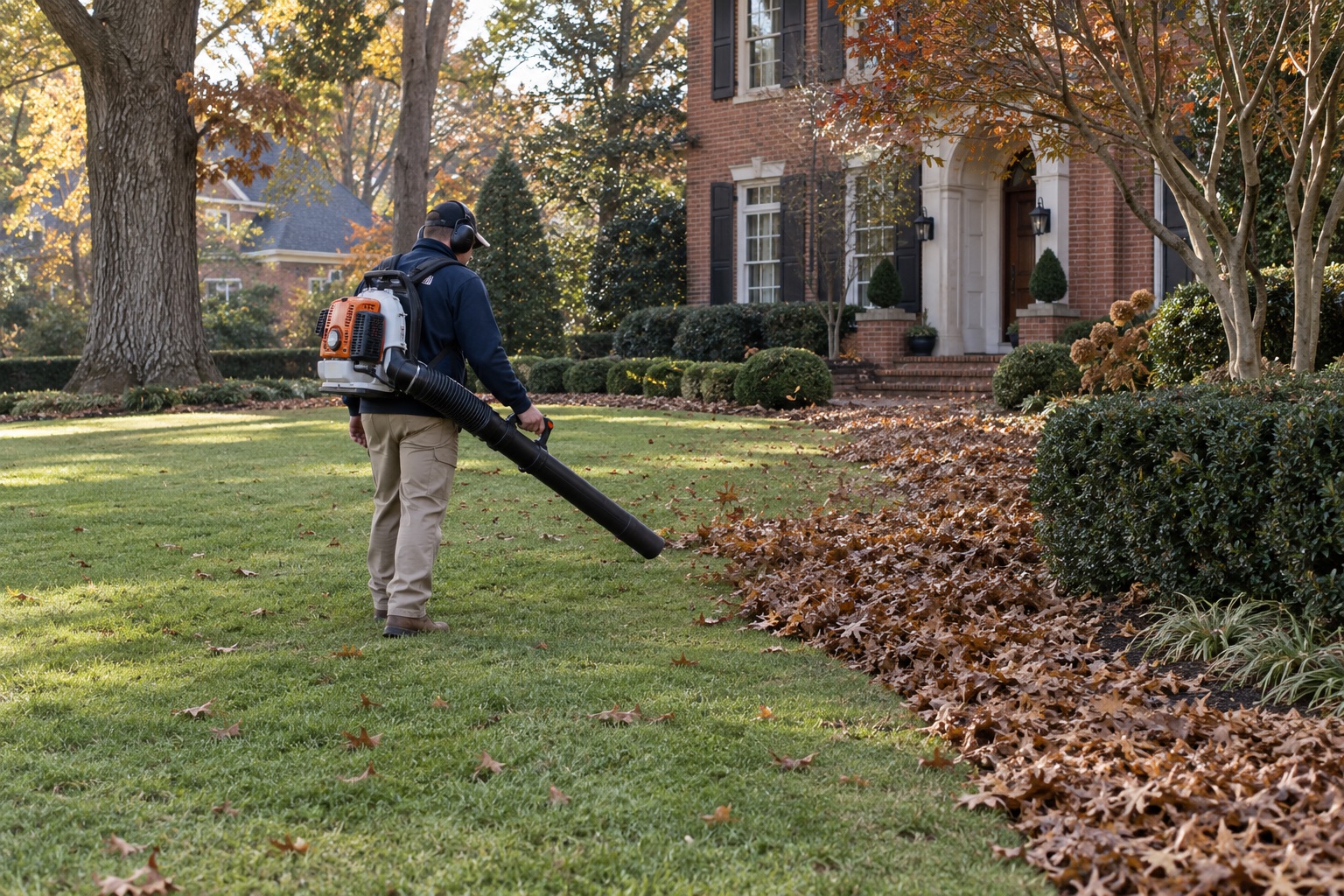 Landscape worker using a backpack leaf blower to clear fallen leaves from a residential lawn.