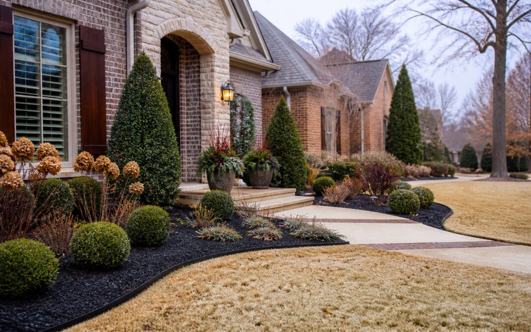 Memphis landscape prepared for winter with fresh mulch, trimmed shrubs, evergreen plantings, and a clean front yard