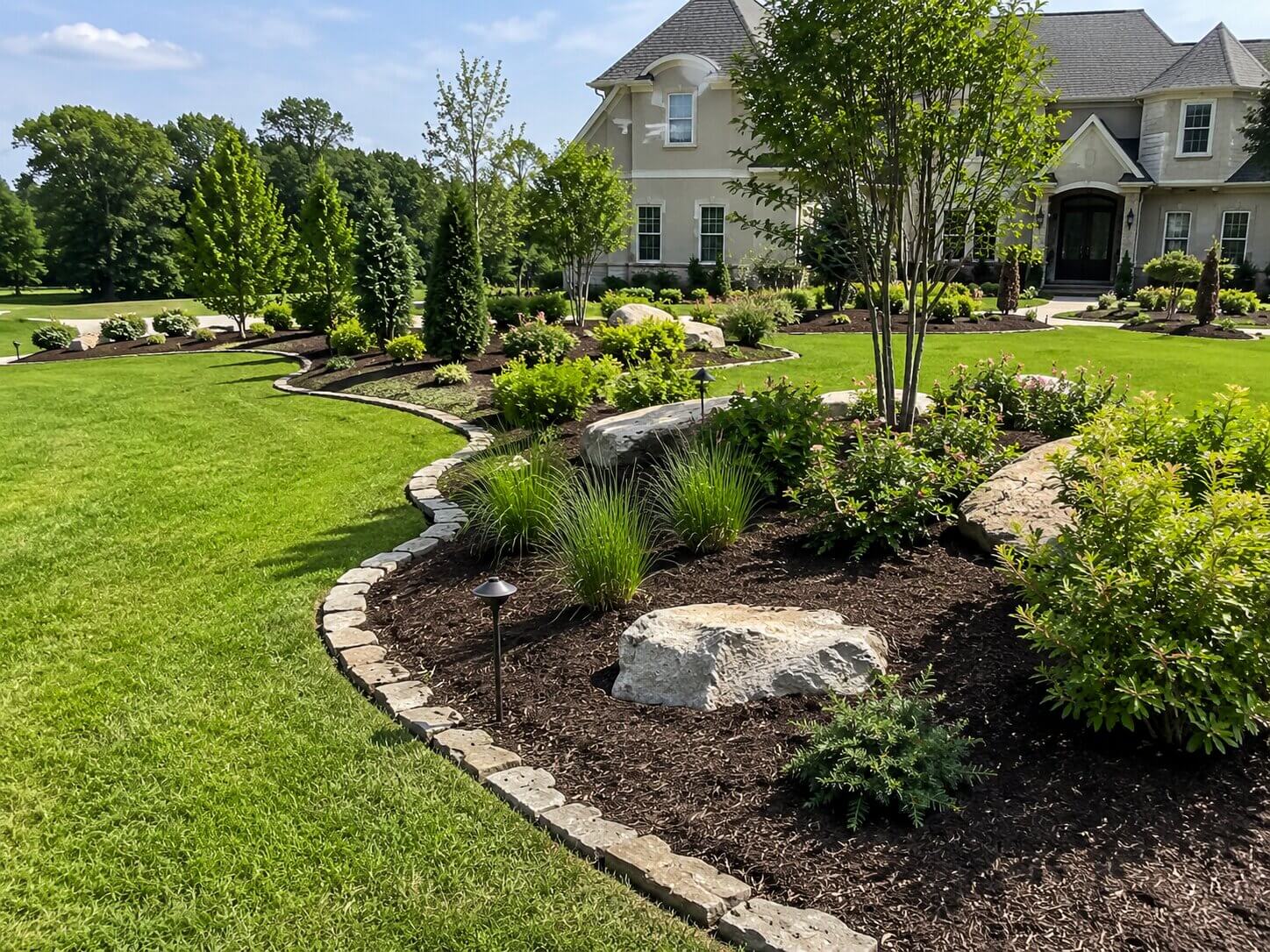 Residential landscape design with curved planting beds, lawn, shrubs, and stone accents