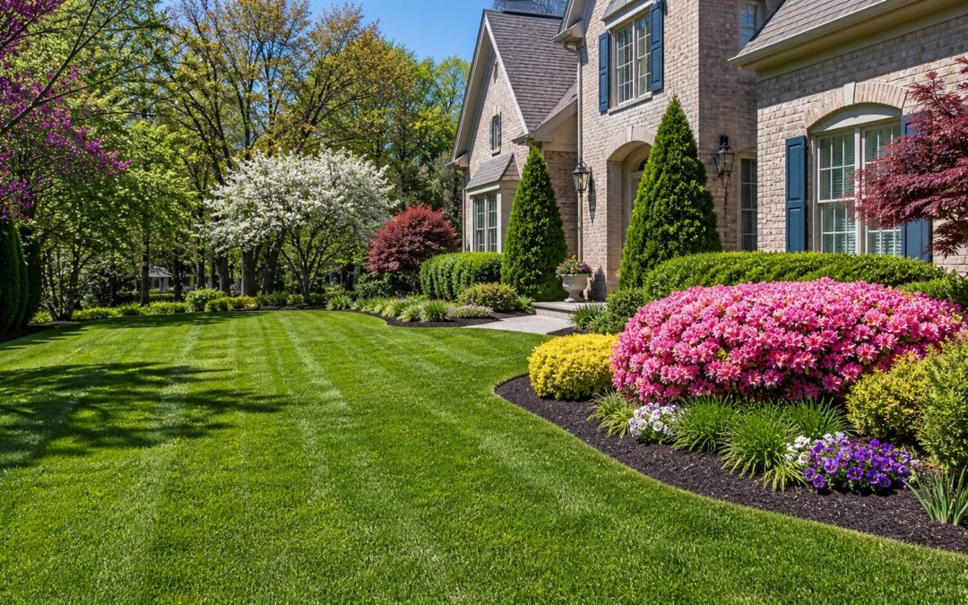 Spring lawn maintenance in Memphis with freshly mowed grass, clean mulch beds, and seasonal flowers