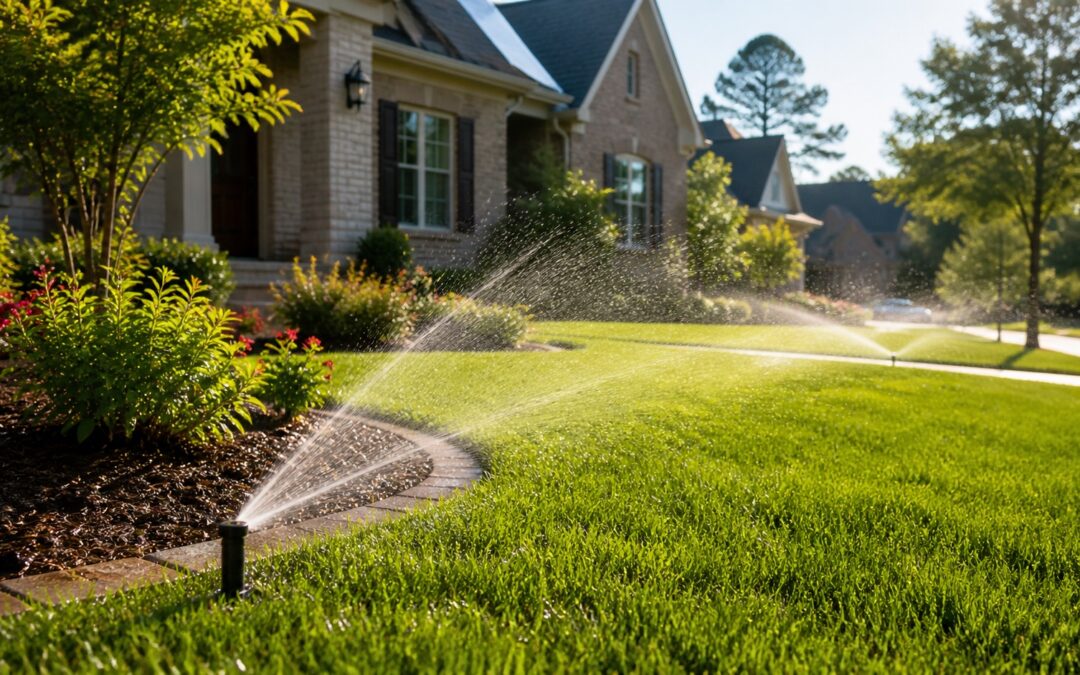 Sprinkler system installation in Memphis with irrigation heads watering a healthy residential lawn